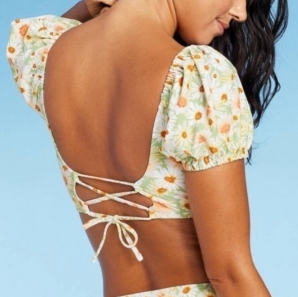NWT Wild Fable Swimsuit Top Lace Up Back Puff Sleeve 14/16 X - Picture 2 of 7